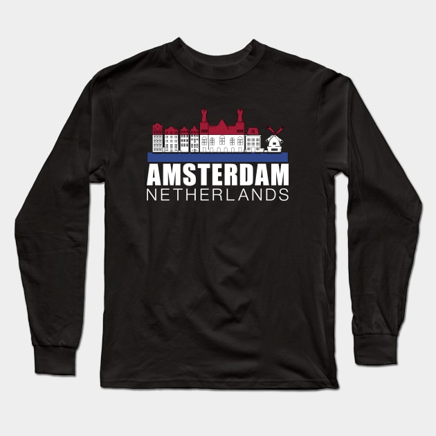 Amsterdam Netherlands Flag Skyline Long Sleeve T-Shirt by mstory